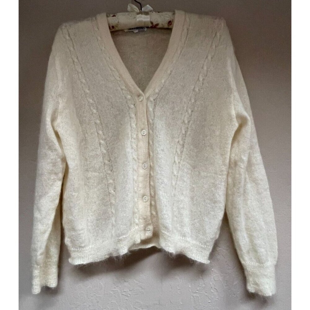 Colombo Kid Mohair Cable Knit Cardigan Sweater Size 46 Cream Pullover Italy Made